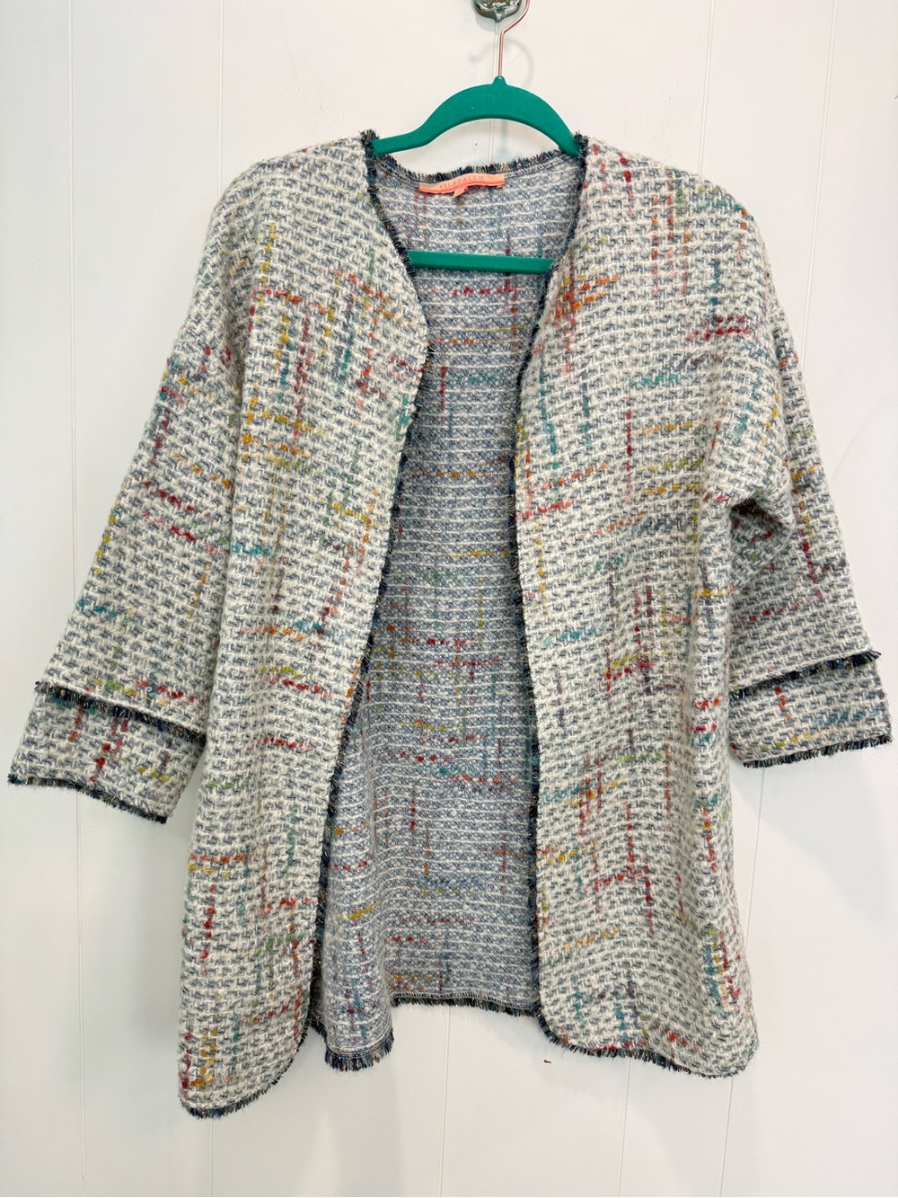Vilagallo Multicolor Wool Blend Tweed Fringe Open Front Jacket Cardigan Size 42